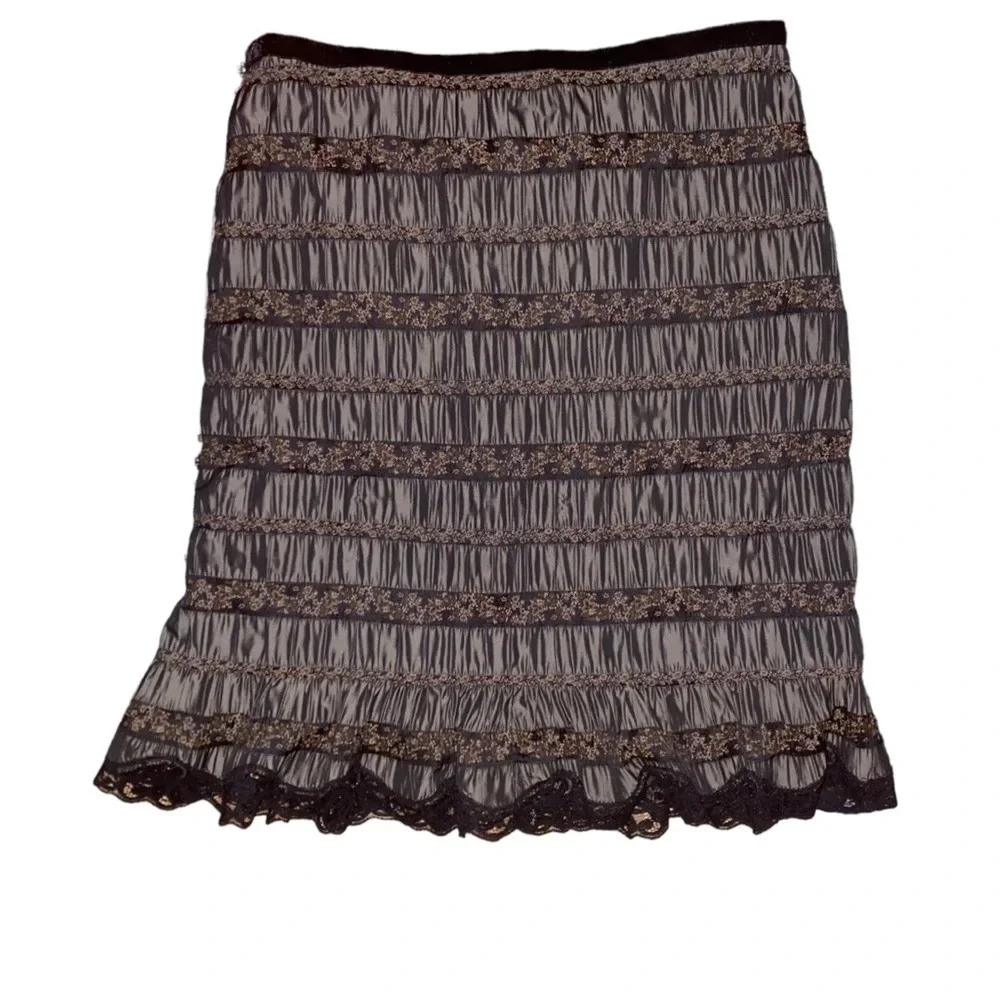Nanette Lepore Gray Tiered Lace-Trim Midi Skirt